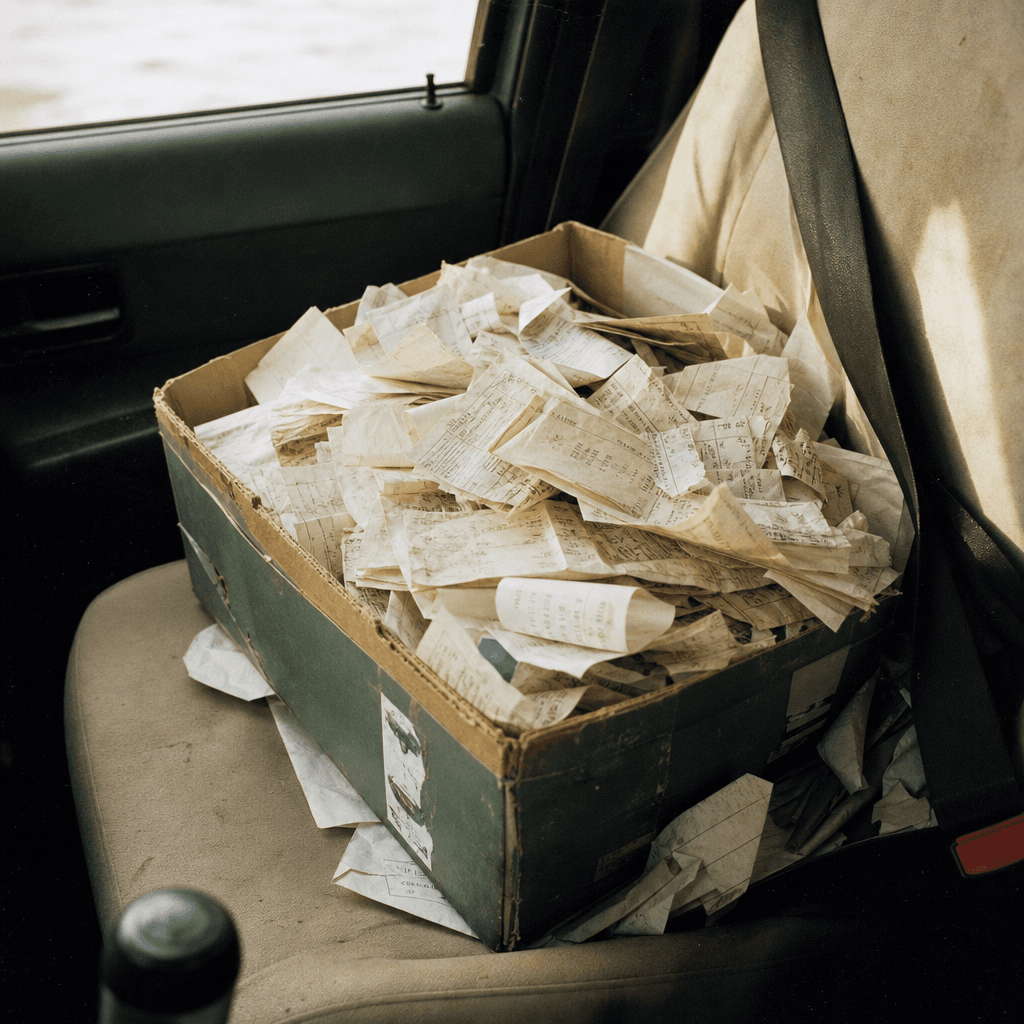 A shoebox overflowing with crumpled receipts on a car seat