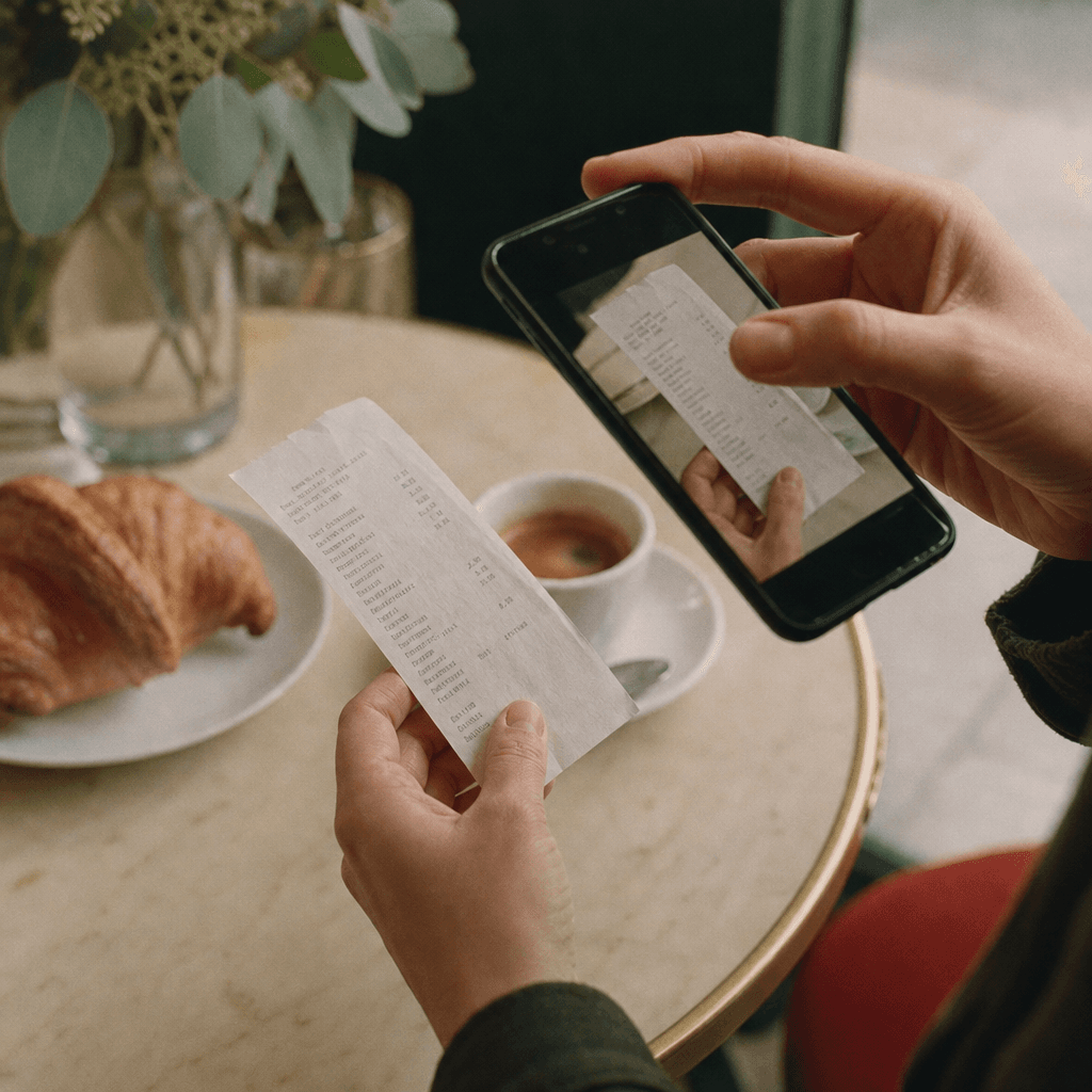 Hands photographing a long thermal receipt above a cafe table